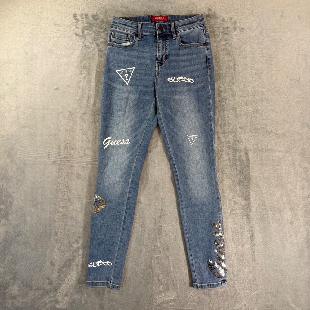Guess Skinny Jeans Women's Size 4 Blue Denim Sequins Logo Patch